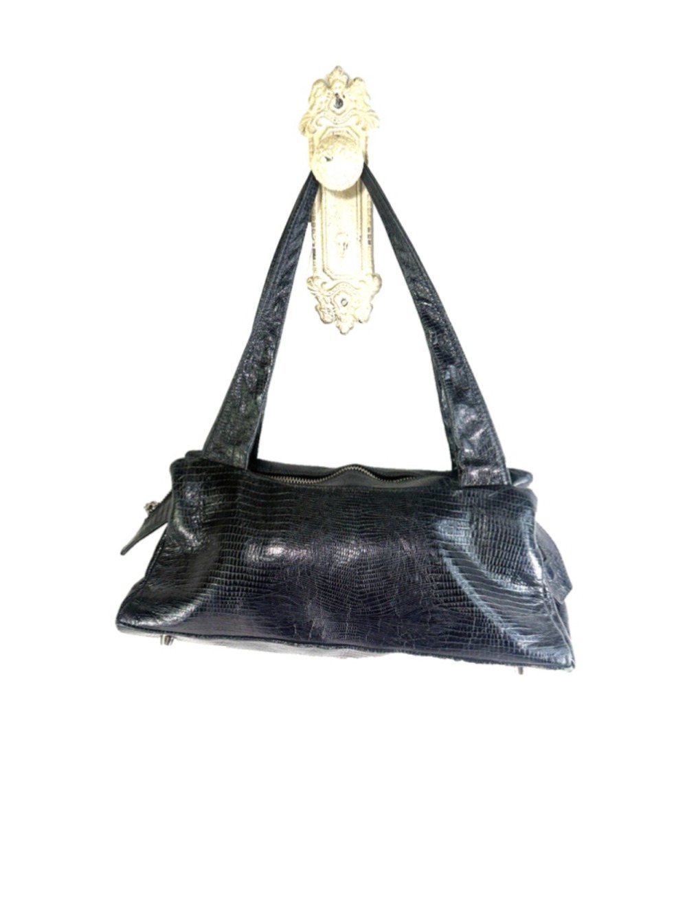 Corello Exotic Embossed Lizard Black Leather Shoulder Bag Purse